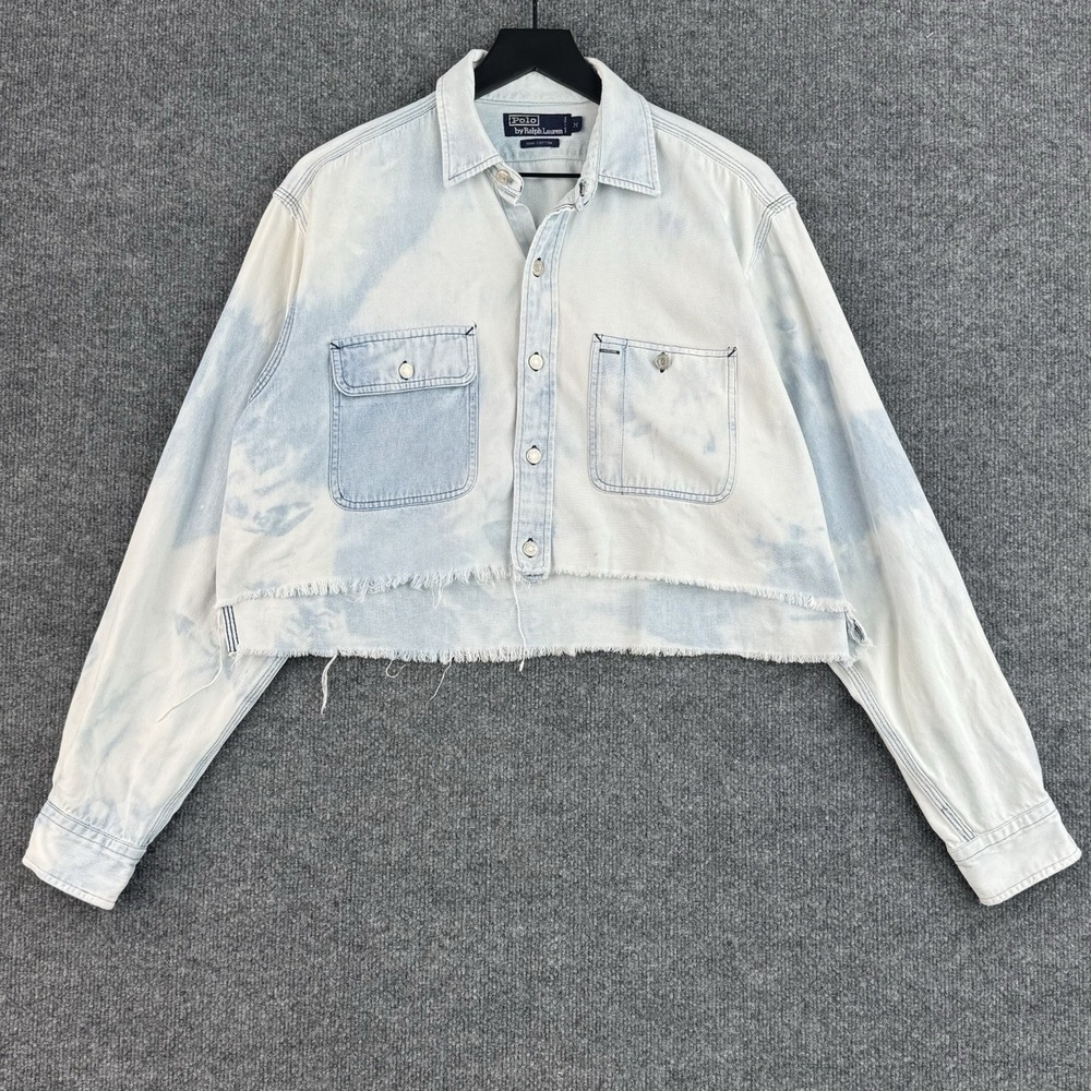 Polo Ralph Lauren Denim Shirt Women's M Blue Cropped Bleached Distressed Button